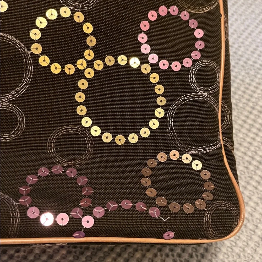 MZ Wallace Brown Neutral Embroidered Sequin Circles Leather Handles Canvas Tote